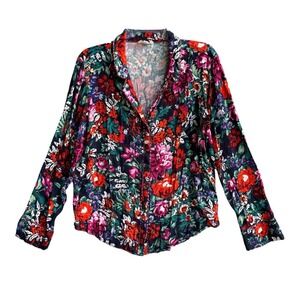 Floreat Anthropologie Floral Blouse Womens Medium Piping Trim Button Front